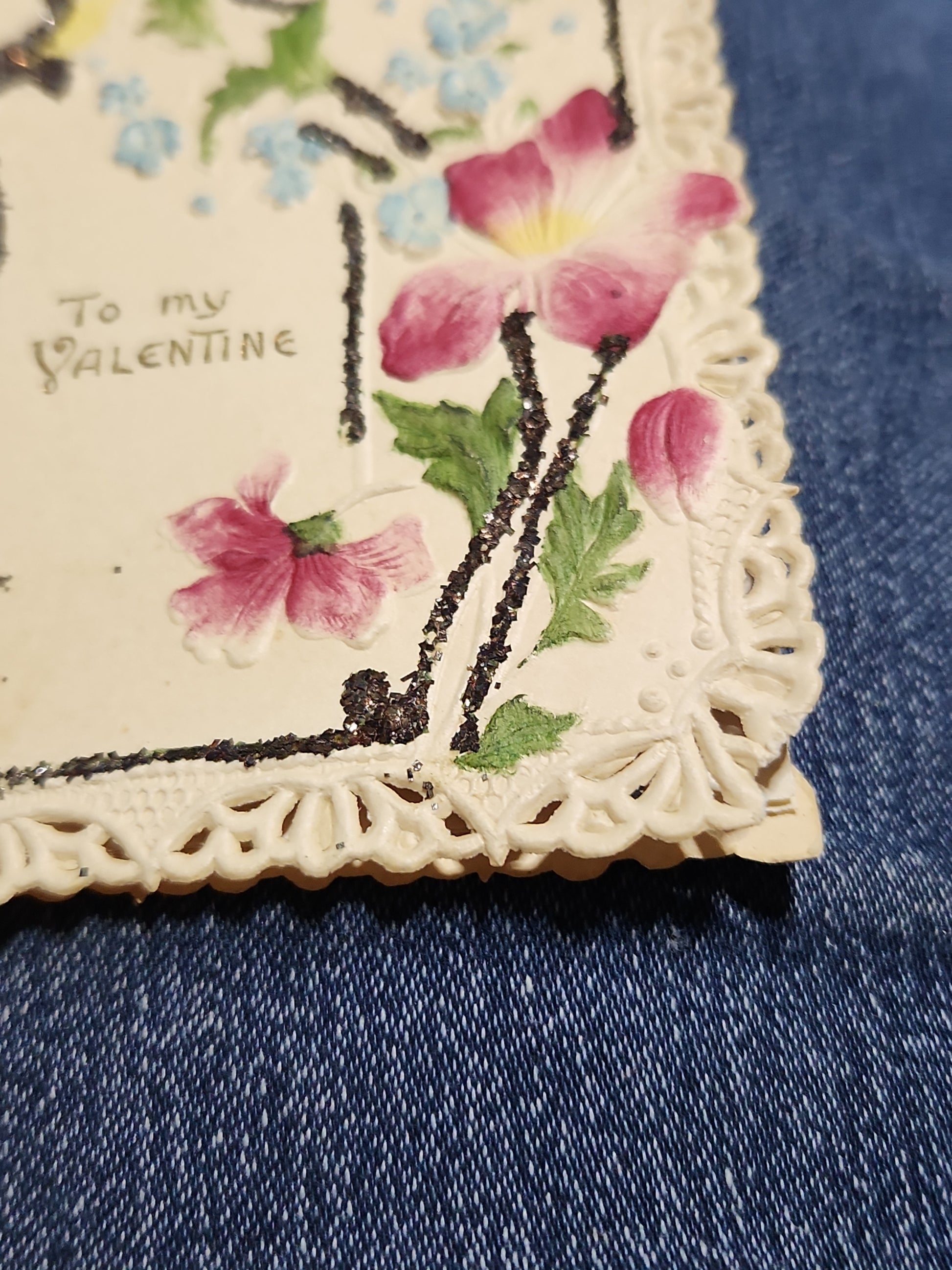 Antique Valentine Card Embossed, Mica, Flowers, To my Valentine pc4