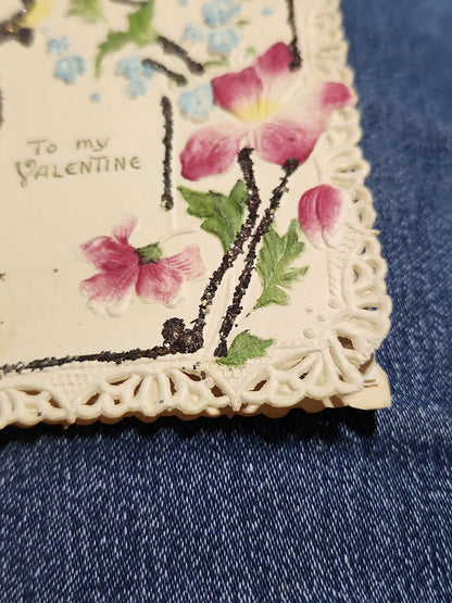 Antique Valentine Card Embossed, Mica, Flowers, To my Valentine pc4