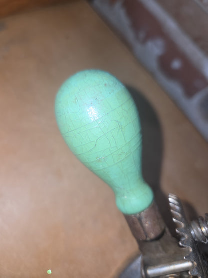 Vintage A & J  Hand Mixer Egg Beater Green Wood Handle kit601