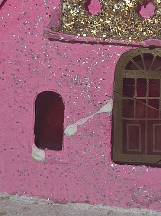 Vintage Putz House with Balcony and Tree Pink Made in Japan AS IS ptz3