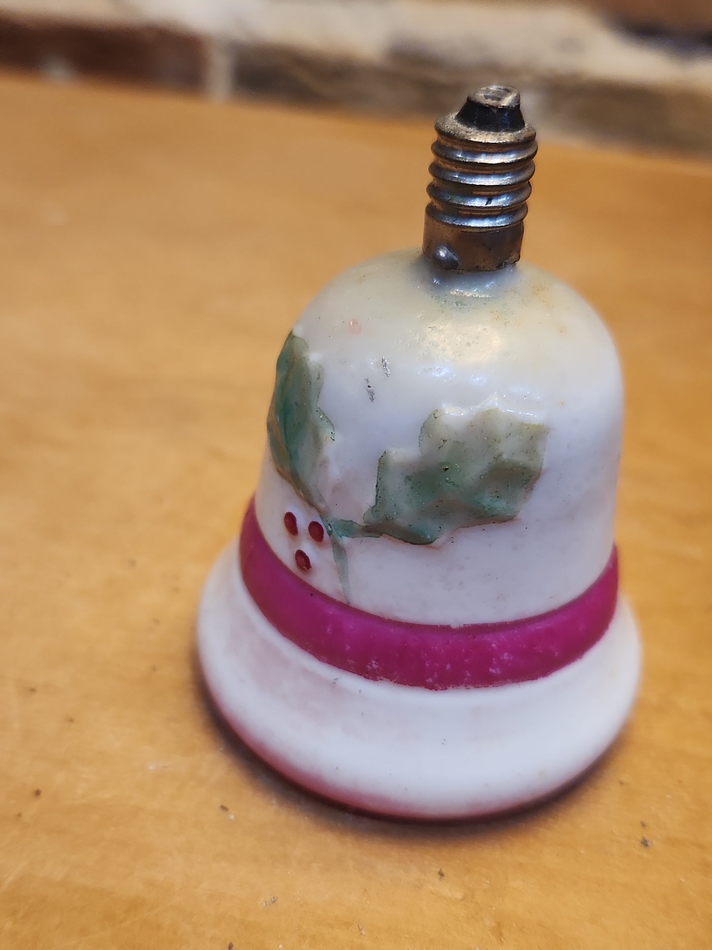 Vintage Bell Light Bulb Christmas Tree Ornament Holly Red Berries Pink Stripe LO1