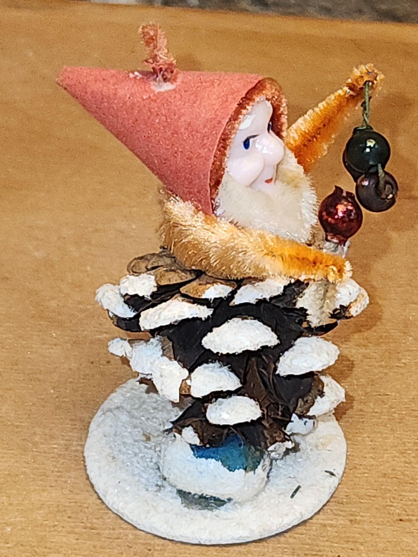 Vintage Pinecone Elf Gnome Dwarf with Maracas Band Ornament Chenille Plastic Face Mica Putz elf21