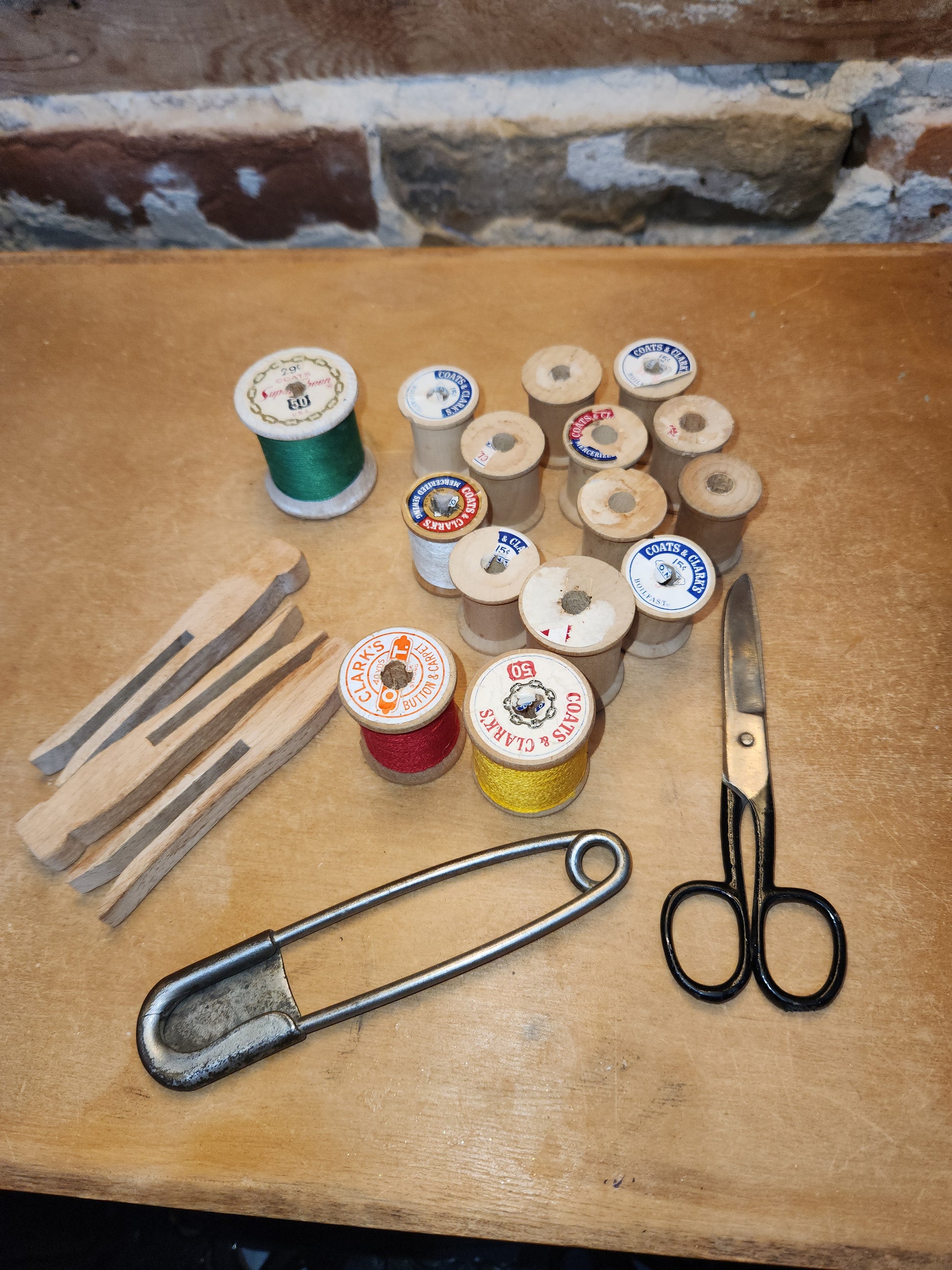 Vintage Sewing Jar Assemblage Wooden Thread Spools Scissors Wooden Clothespins Safety Pin vj12