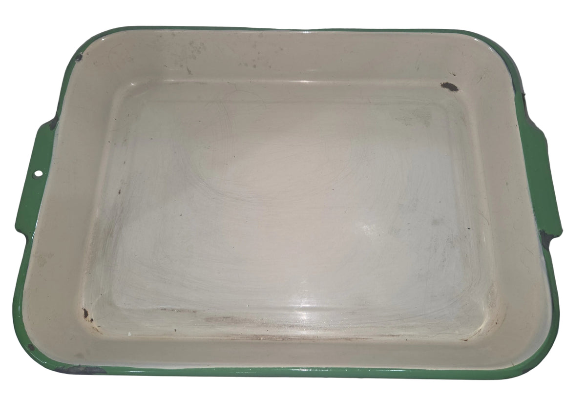 Vintage Enamel Baking Roasting Pan Rustic Primitive Cream with Green Trim en82