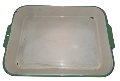 Vintage Enamel Baking Roasting Pan Rustic Primitive Cream with Green Trim en82