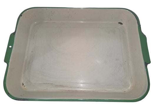 Vintage Enamel Baking Roasting Pan Rustic Primitive Cream with Green Trim en82