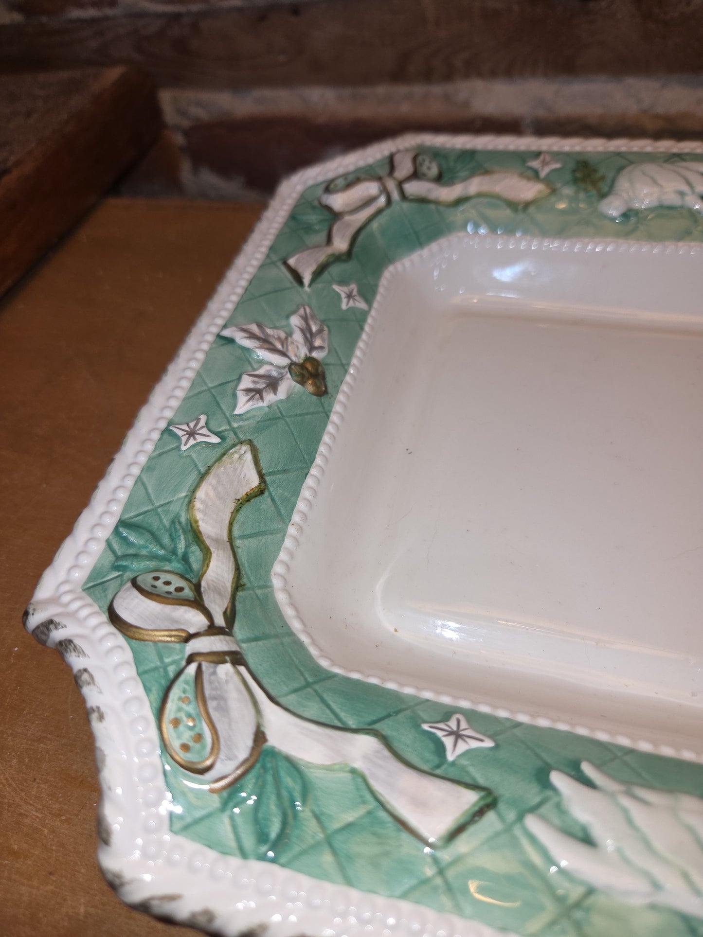 Vintage Claire Burke 2001 Holiday Collection Ceramic Pedestal AND Embossed Candy Dish Green with Bows vcd1