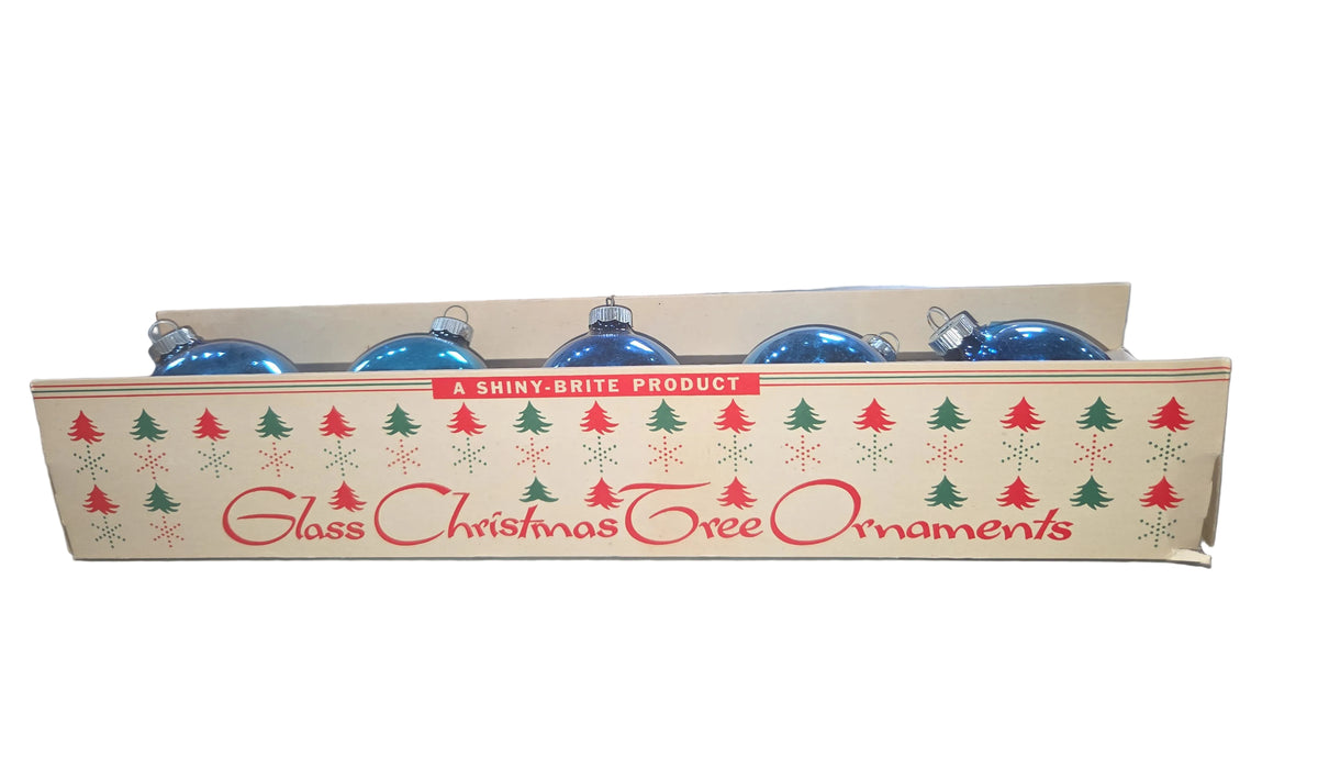 Vintage Shiny Brite Glass Christmas Ornaments Five 3" Blue Shades in Fanci-Pak Box As Is sb5