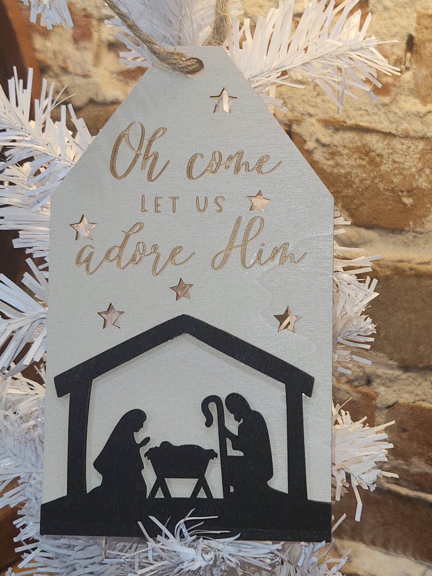 Let Us Adore Him Wooden Tag Christmas Ornament CLEARANCE co9