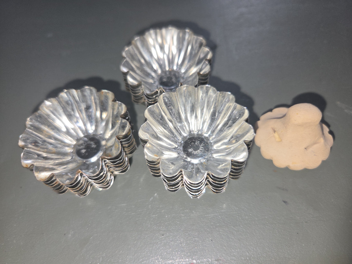 Vintage Miniature Swedish Fluted Miniature Tart Tin Pan Chocolates Mold and Clay Molding Tool Set of 25 1.75" tins Sweden Vintage Lot Of 35 Swedish Fluted Mini Tart Candy Chocolate Molds Pans 1.75”