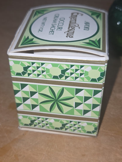 Vintage Avon "Emeraldesque" Cream Sachet Jar Occur! Green Original Box Dried Cream av06