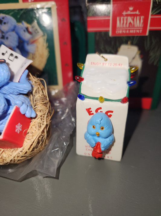 Three Vintage Hallmark Keepsake Ornaments 1986 Treetop Trio  1993 Peep Inside Birdhouse  1992 Egg Nog Nest