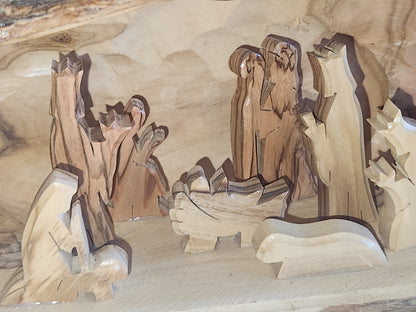 Nativity Medium Grotto Carved in Olive Wood Branch Made in Bethlehem 4" x 8" n2b