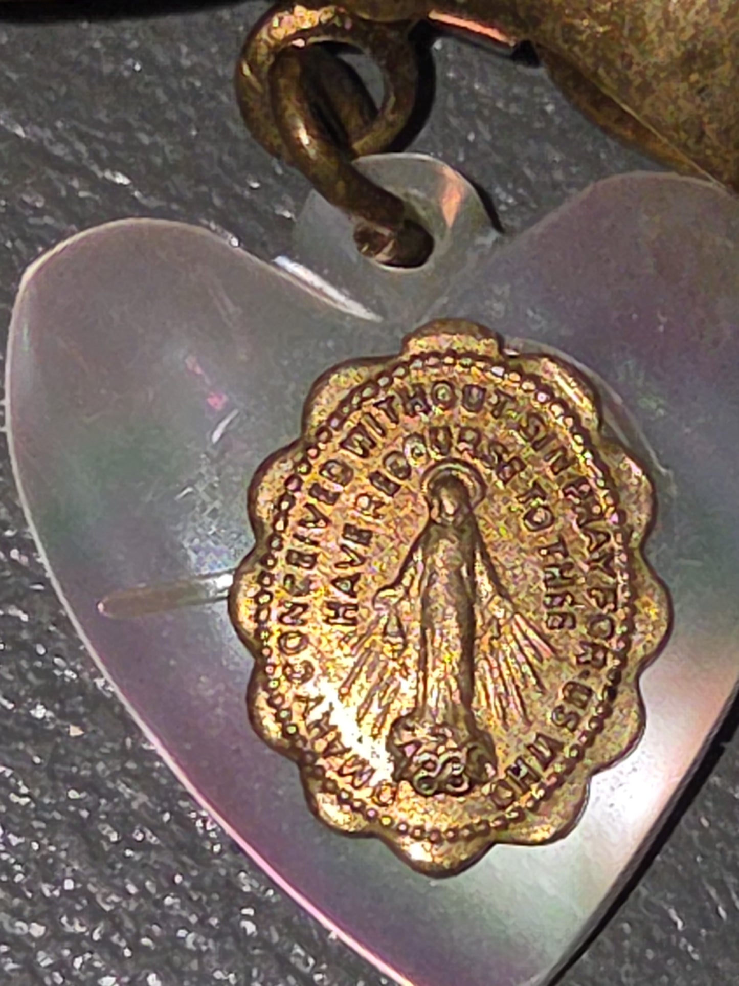 Vintage Pin Miraculous Medal Heart Mother of Pearl