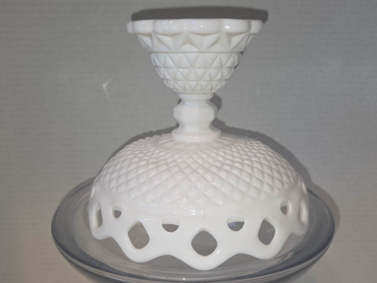 Vintage Imperial Glass White Milk Glass Footed Compote Open Laced Edge Crochet Edge and Diamond Point Pattern mg101