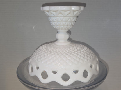 Vintage Imperial Glass White Milk Glass Footed Compote Open Laced Edge Crochet Edge and Diamond Point Pattern mg101