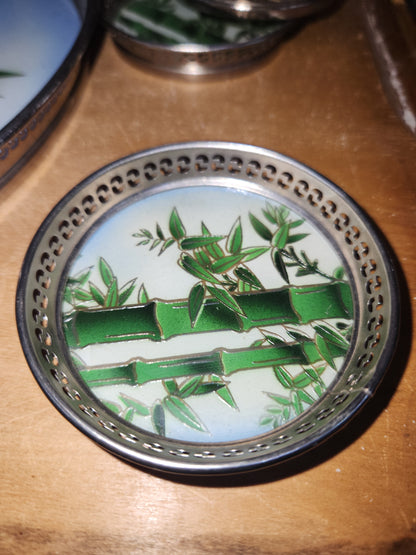 Vintage BP Glass and Stainless Tray & 6 Coaster Set with Bamboo Design Made in Japan MCM AS IS tr1