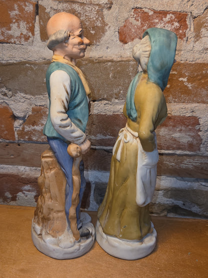 Vintage UCGC Bisque Porcelain Old Man & Old Woman Figurine Taiwain Cabbage 2fi