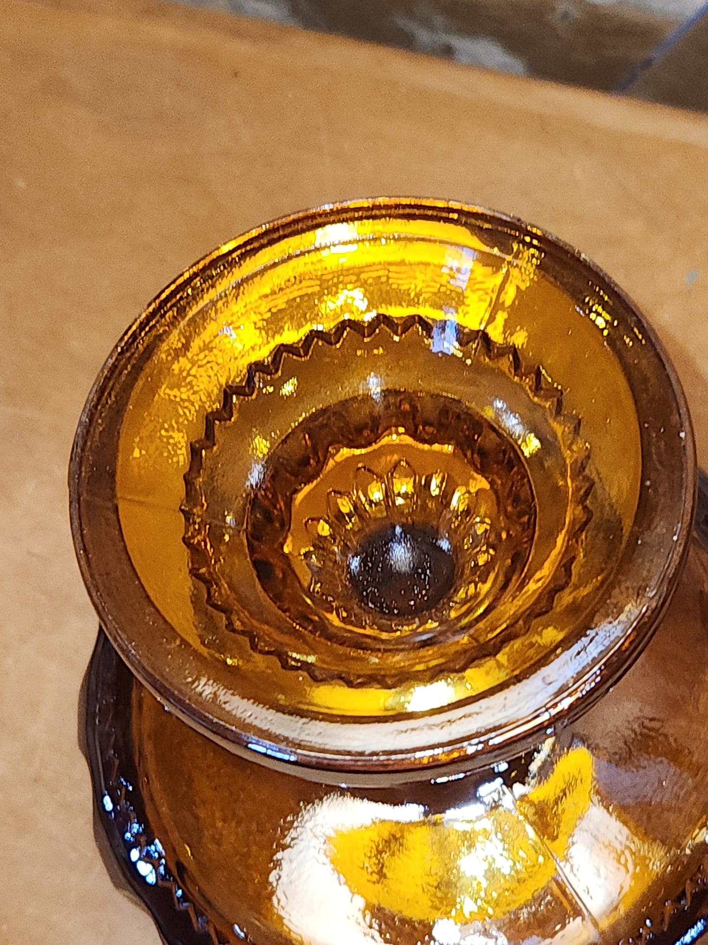 Indiana Glass Compote Kings Crown Thumbprint Pedestal Candy Dish Iridescent Gold cg9