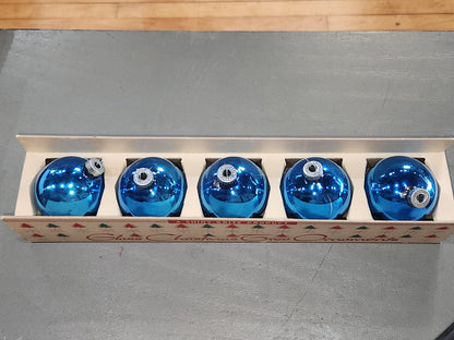Vintage Shiny Brite Glass Christmas Ornaments Five 3" Blue Shades in Fanci-Pak Box As Is sb11