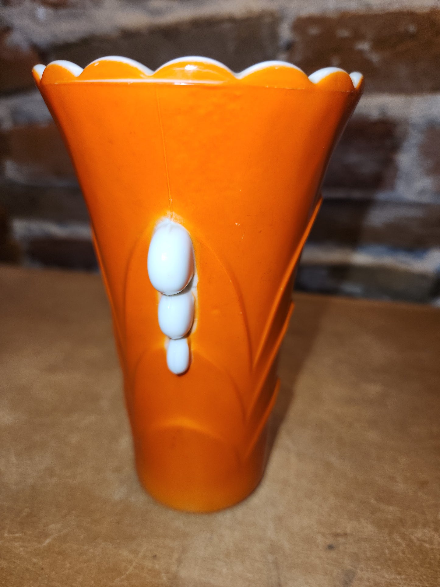 Vintage Vitrock Uranium Glass Vase orange and White Scalloped Edges Beaded Handles Art Deco Vase GLOWS GREEN