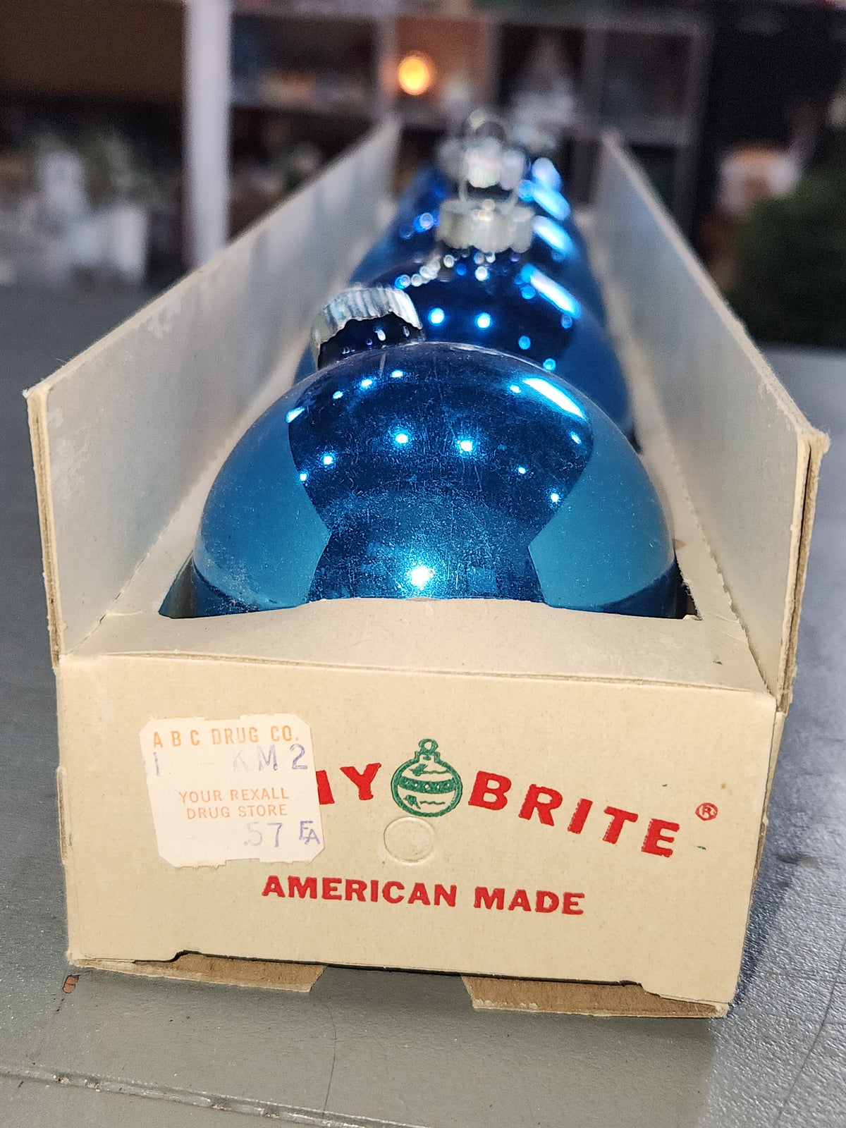 Vintage Shiny Brite Glass Christmas Ornaments Five 3" Blue Shades in Fanci-Pak Box As Is sb11