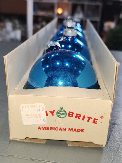 Vintage Shiny Brite Glass Christmas Ornaments Five 3" Blue Shades in Fanci-Pak Box As Is sb11