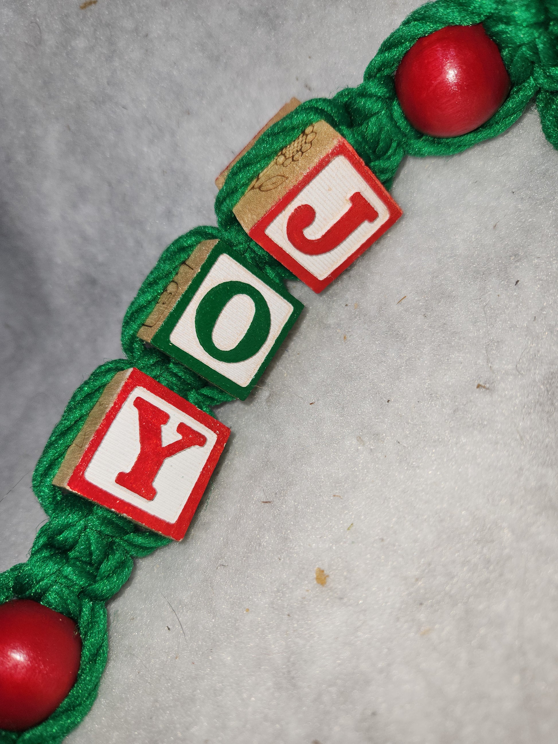 Vintage Handmade Macreme Joy Christmas Wall Door Hanger Wood blocks Wood Beads Old Bell 1970s