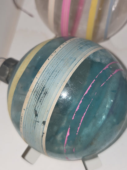 Vintage 2 1/4" Unsilvered Transparent and Blue Glass Ornament WWII Era 1940s Unmatched Set of 4 with Stripes AS IS vo123