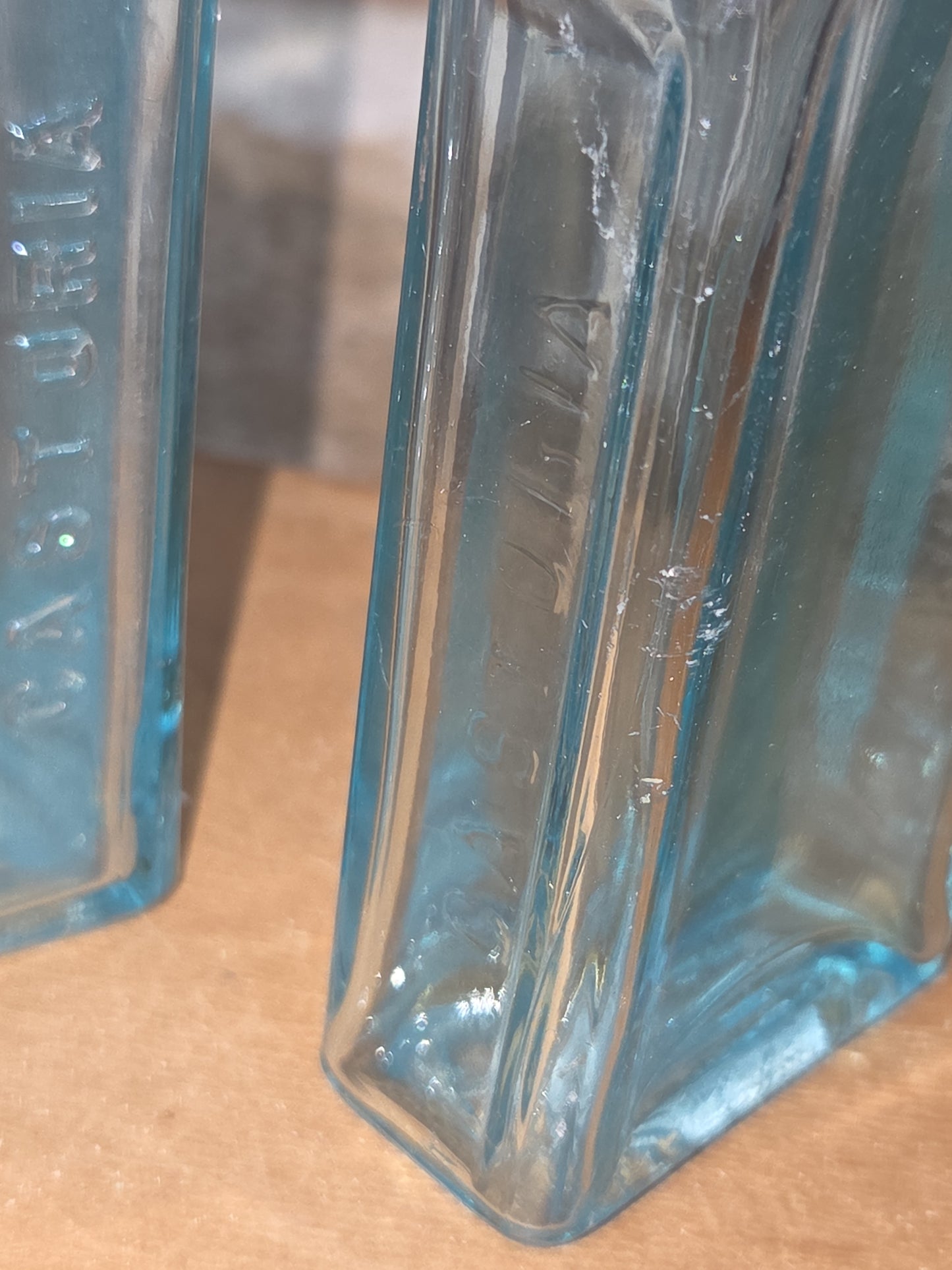 Vintage Medicine Bottles Cha H Fletcher Castoria Faint Blue Glass Set of 2 vmb43