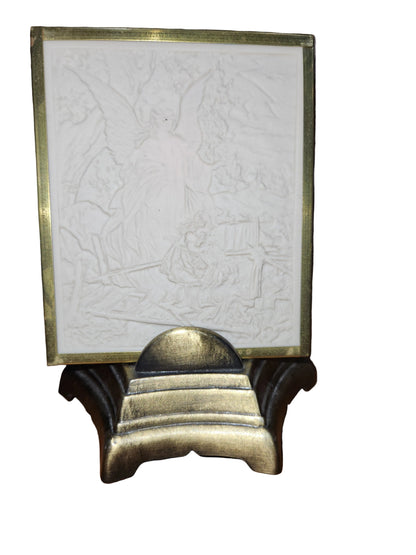 Vintage Fan-shaped Cast Metal Nightlight Holding Porcelain Lithophane "Guardian Angel at the Bridge" nl6