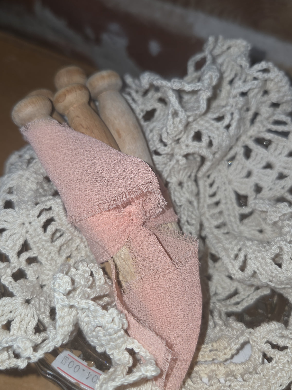 Vintage Vignette Sewing Needles, Thread, Clothes Pins, Doily, Cut Glass Bowl with Feet vi7