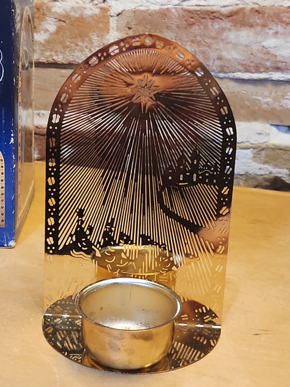 Vintage Gold Plated Brass Candle Holder Nativity Wisemen in Orginal Box No Makers Name Seen N65