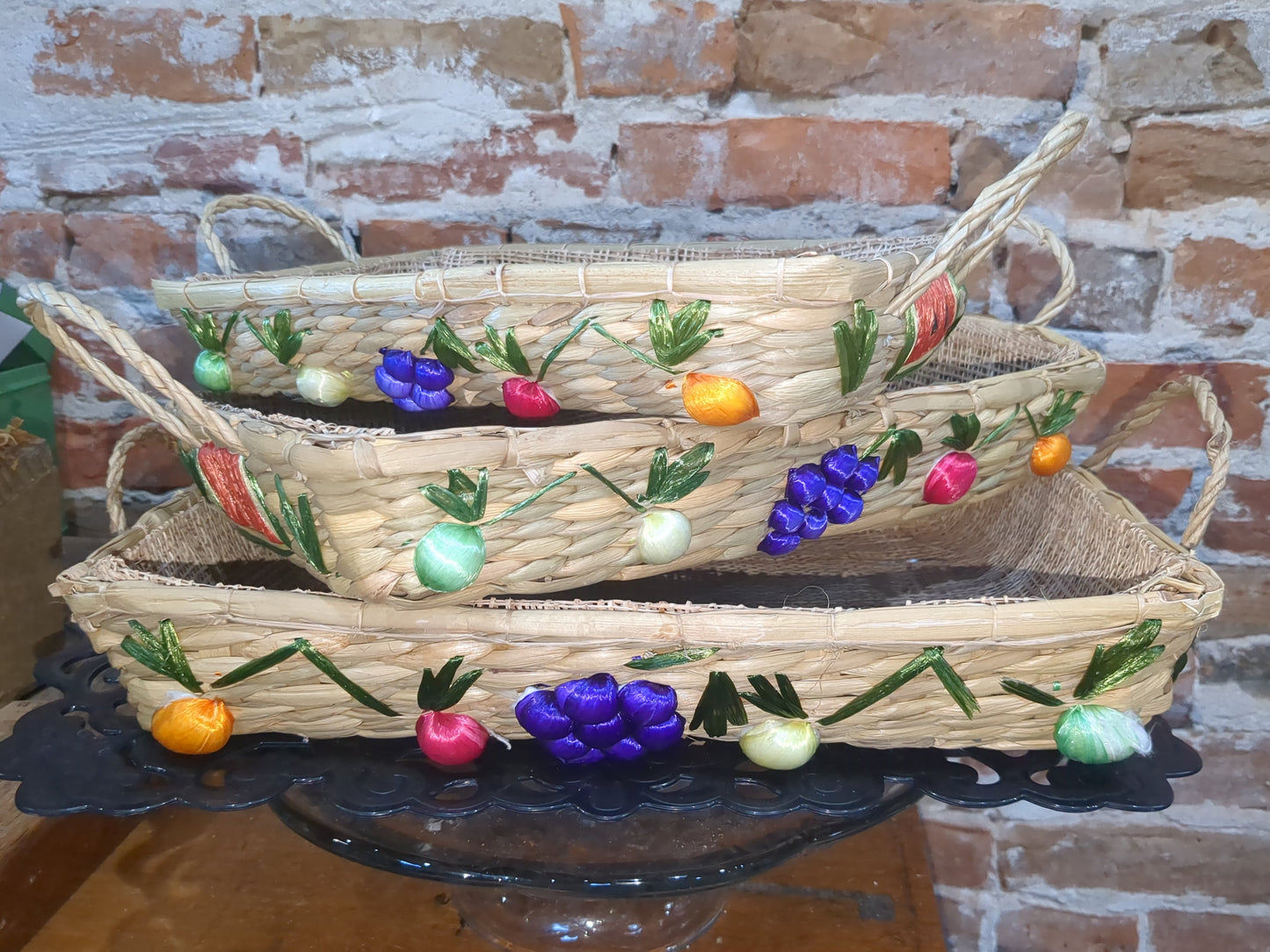 3 Vintage Boho Nesting Raffia Wicker Straw Lined Casserole Baskets, Tray Set 1970s or 1980s