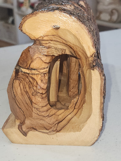 Nativity Medium Grotto Carved in Olive Wood Branch Made in Bethlehem 4" x 8" n2b
