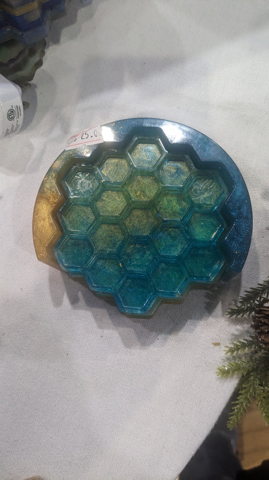 Coaster Set of 4 with Holder Black and Gold Honeycomb and Bees Handmade Unique Gift cs12
