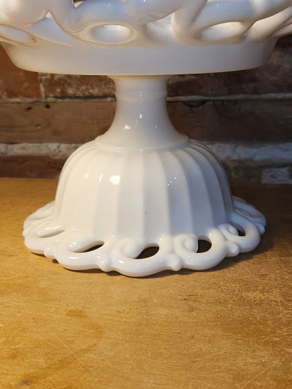 Vintage Fostoria Milk Glass Compost Pedestal Footed Fruit Bowl Monroe Pattern Lace-edge Loop and Open Loop mg12