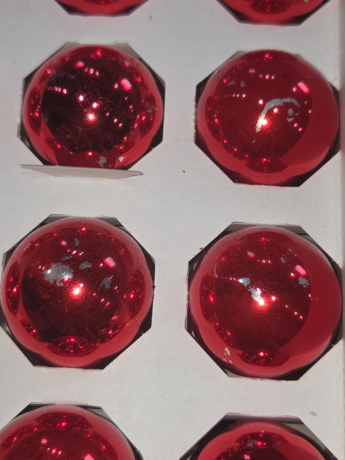 Vintage Pyramid Rauch Glass Ornaments Red 1 3/4" ornaments 2 Boxes 30 Ornaments AS IS Scratched bo87