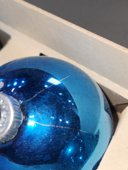 Vintage Shiny Brite Glass Christmas Ornaments Five 3" Varying Blue Shades in Fanci-Pak Box As Is sb15