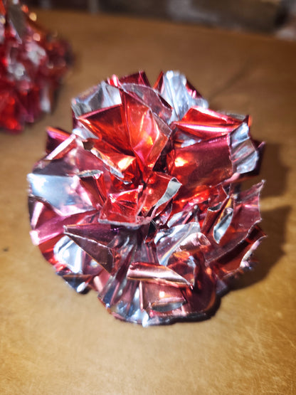 Vintage Crinkle Ball Ornaments or Picks Set of 3 Pinkish Red and Green vo21