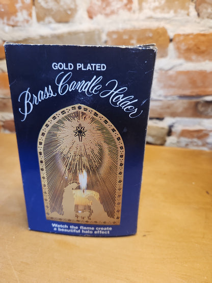 Vintage Gold Plated Brass Candle Holder Nativity Wisemen in Orginal Box No Makers Name Seen N65