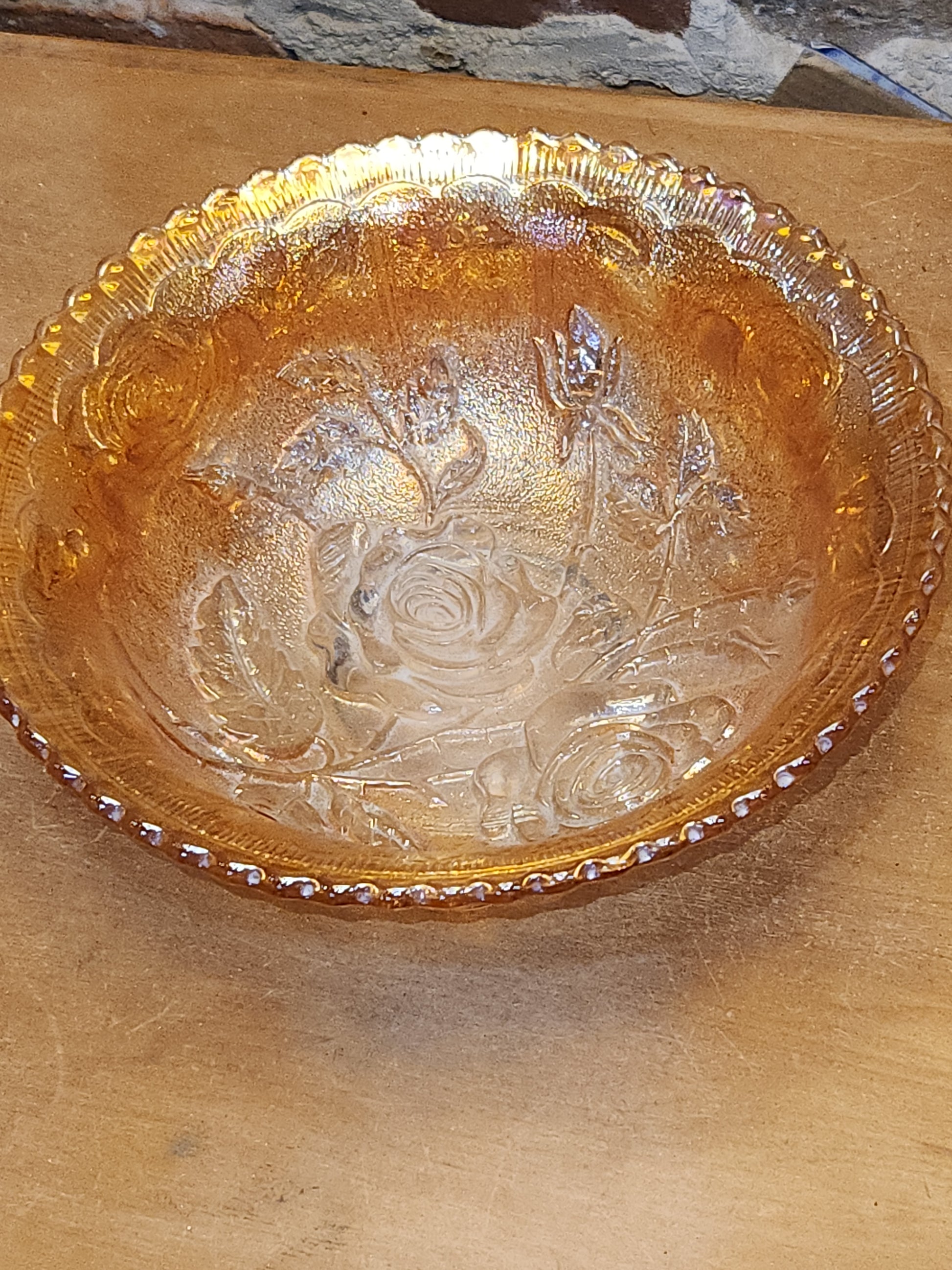 Vintage Carnival Glass Imperial Bowl Open Rose Pattern Scalloped Edge rp8