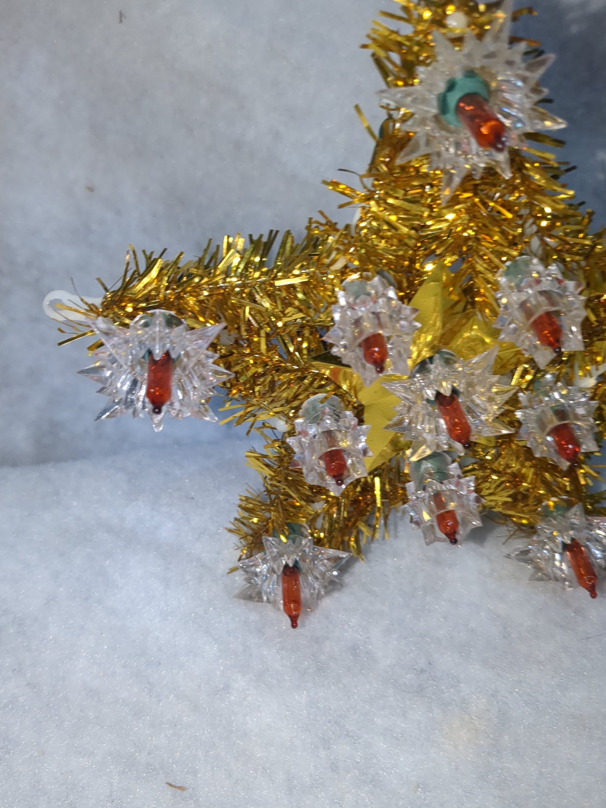Vintage Christmas gold star tinsel Tree Top Red Flashing Lights tt50