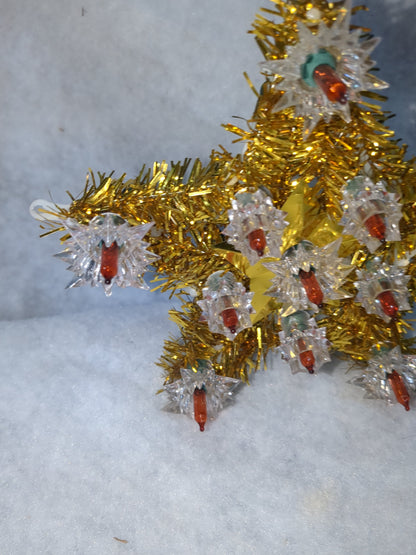 Vintage Christmas gold star tinsel Tree Top Red Flashing Lights tt50