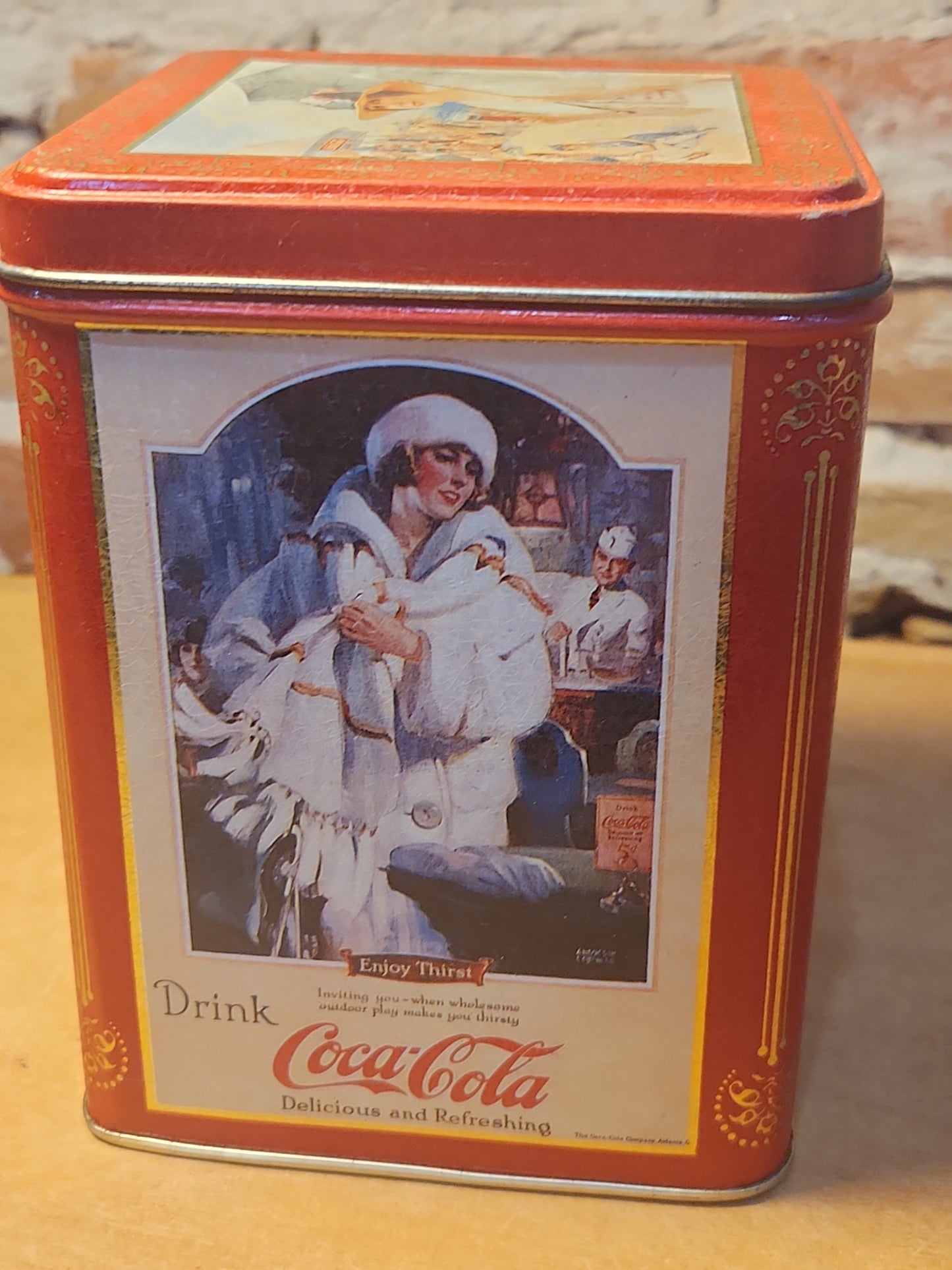 Vintage Tin Coca-Cola Gold Red Cream Enjoy Thirst The Drink of All the Year Coke 1993 cct82