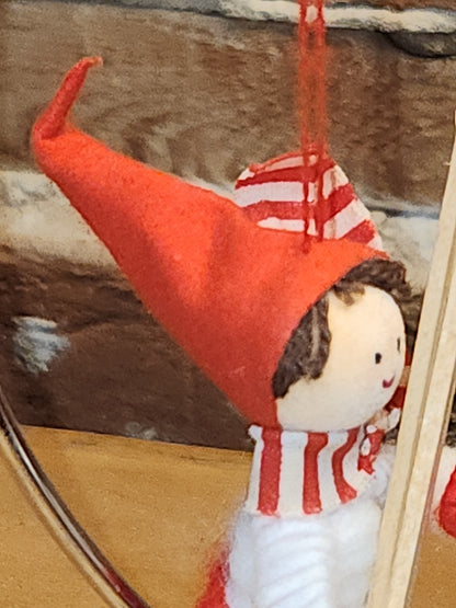 Vintage Fabric & Wood Boy w/Skies Christmas Ornament Germany elf00