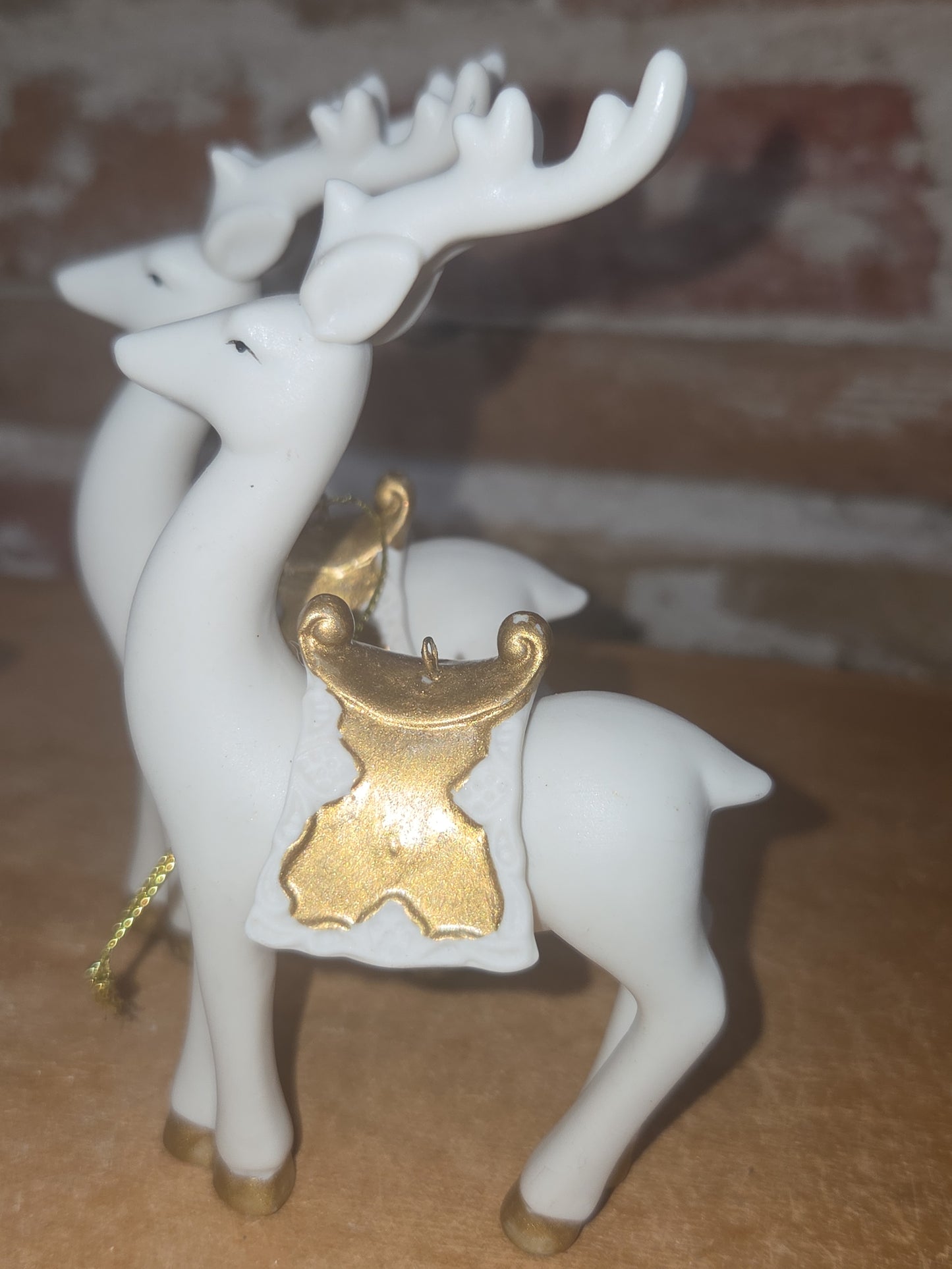 Vintage Living Quarters Bisque Porcelain Ornaments Deer White Gold Christmas Set of 4