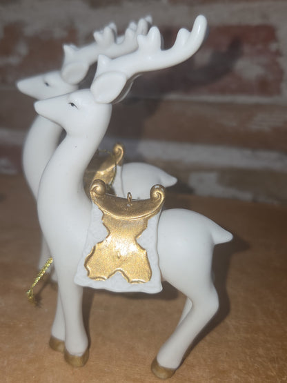 Vintage Living Quarters Bisque Porcelain Ornaments Deer White Gold Christmas Set of 4