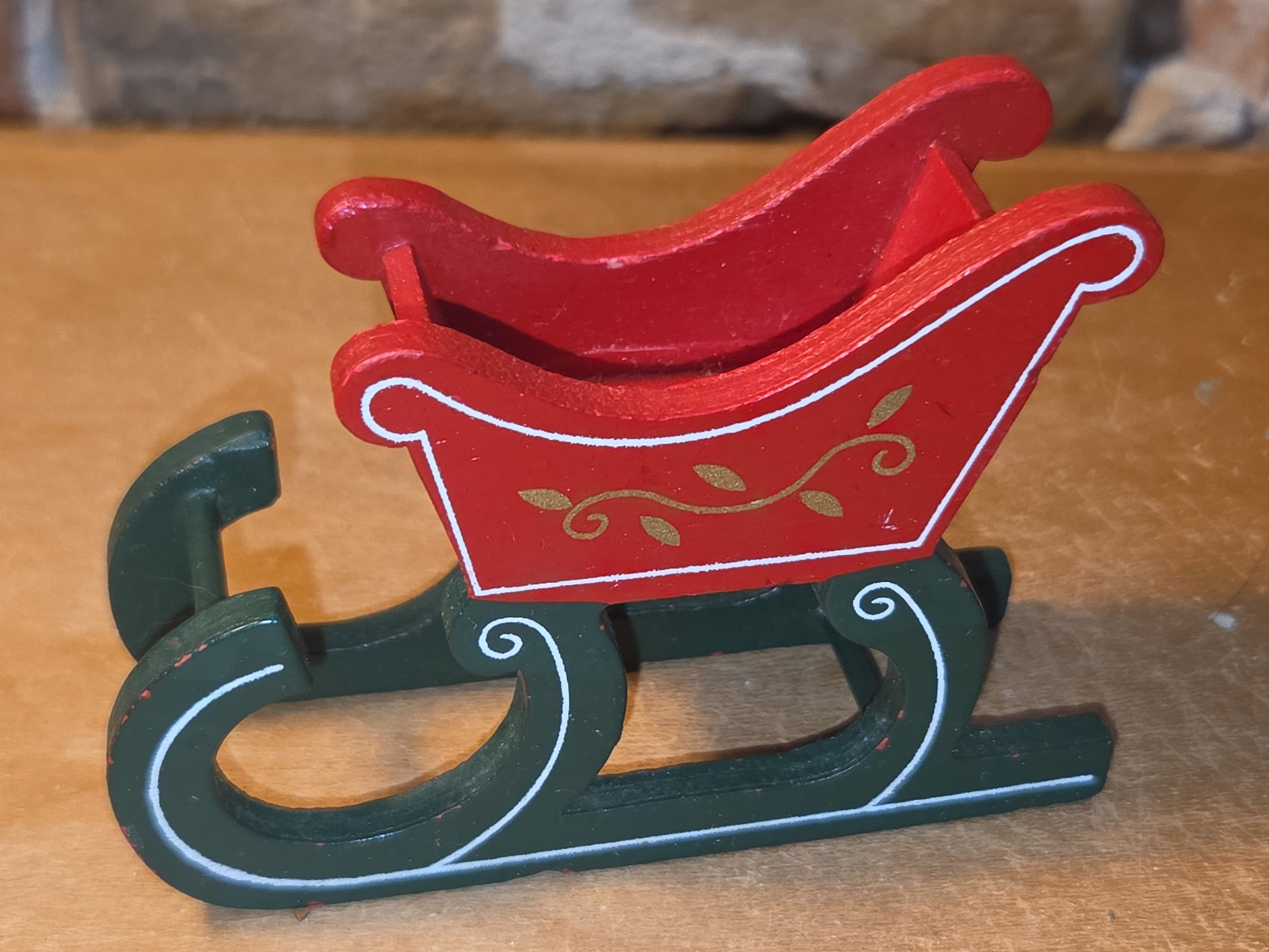 Vintage Wooden Ornament Sleigh Set of 2 AS IS MCM Kitchy