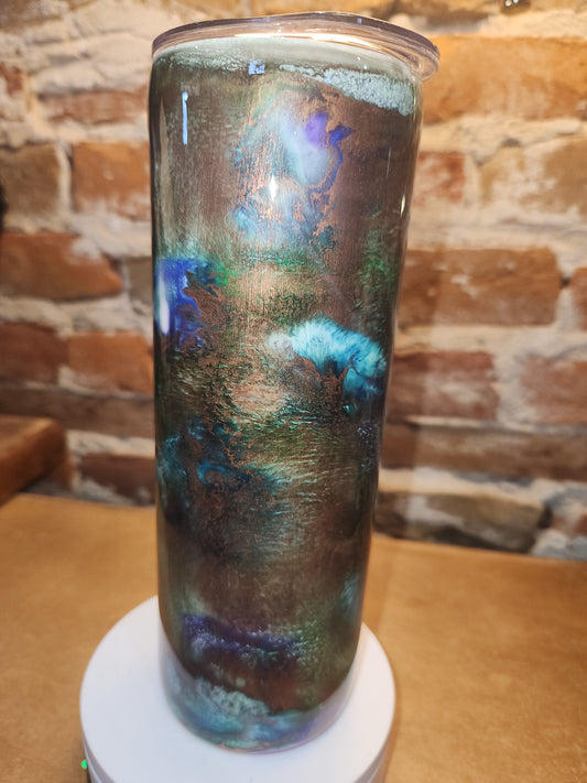 20 ounce stainless steel, Insulated, alcohol ink art Tumbler Copper Teal Blue White AS IS CLEARANCE ai7